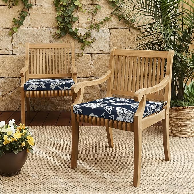 LVTXIII Outdoor Seat Cushions Seasonal Replacement Chair Cushions, Patio Chair Pads with Ties for Dining Chairs and Garden Furniture, Square Back, 19"x19"x2", 4 Pack, Elegant Vines Navy