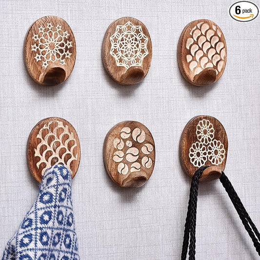 Indian Shelf 6 Lb Decorative Wood Adhesive Wall Hooks–Boho Peel and Stick Hooks