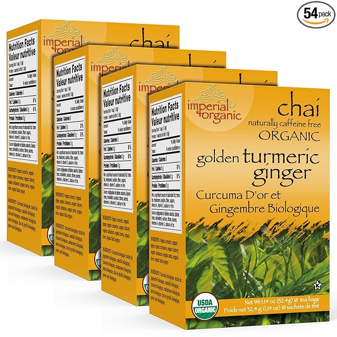 Uncle Lee’s Imperial Organic Chai Tea, Naturally Caffeine Free Golden Turmeric Ginger Tea, Organic Cinnamon, Chicory, Cardamom, Stevia, Clove & Black Pepper, 4 Pack of 18 Tea Bags per Box