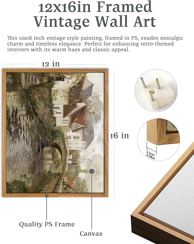 UPWOIGH Vintage Framed Wall Art,12"x16" Country Oil Painting,Belgian Village Canal Print,European City,Rustic Wall Decor,Antique Painting,Moody Autumn Farmhouse Artwork for Living Room Bedroom,1Pack