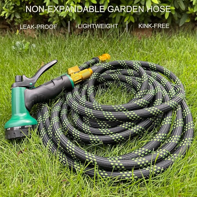 Garden Hose Non-Expandable 75 ft, Lightweight Flexible Water Hose with 10 Function Spray Nozzle, Outdoor Leak Proof, Kink-Free, Portable Hose for Yard, Lawn, Camper, High-Density Fabric, Black Green