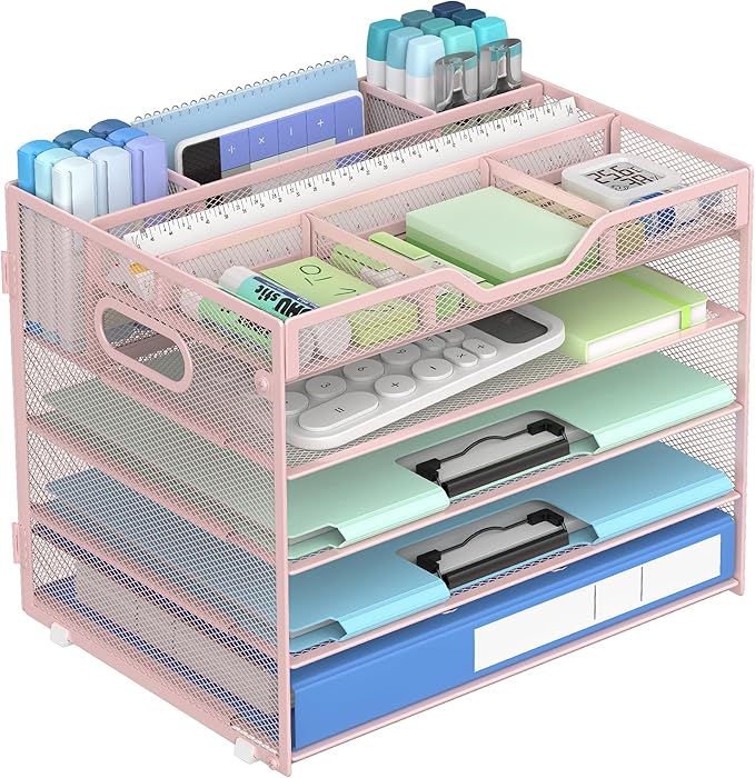 Docnest 5 Tier Mesh Desk Organizer- Letter Tray with Adjustable Compartments, Mesh Desktop Storage Built in Pen Holder and Handles, Desk Organizer Tray for Mail Documents Office Supplies–Pink