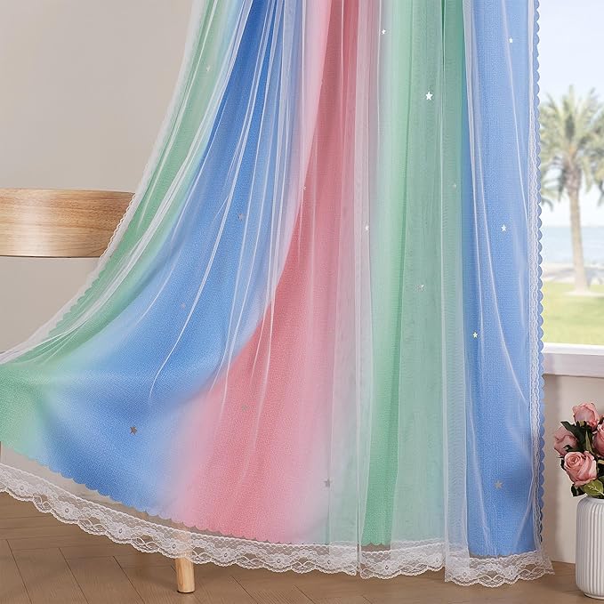 XiDi Curtains for Bedroom Decor, Rainbow Pink GreenBlue52/54/1