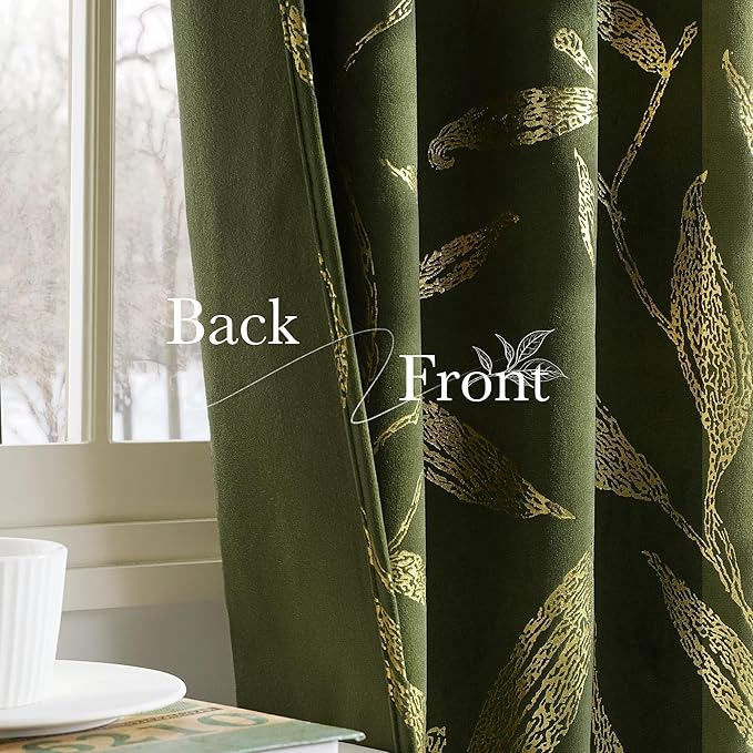 NICETOWN Leaf Patterned Green Velvet Curtains 96 inches Long 2 Panels Gold Foil