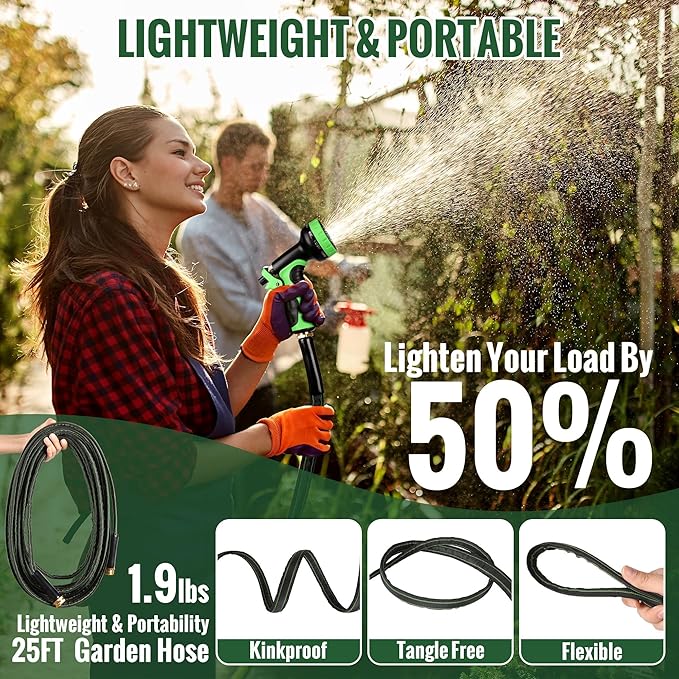 Garden Hose 25ft Flexible Water Hose Non-Expandable High Pressure Kink-Free Leakproof Durable Portable Lightweight Outdoor Yard Lawn Black Fabric Watering Hose with 3/4" Aluminum Fittings