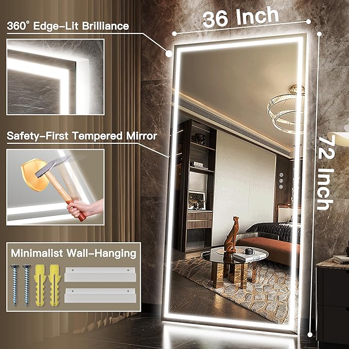 FENNIO Full Length Mirror with Lights, Free Standing Lighted Floor Mirror