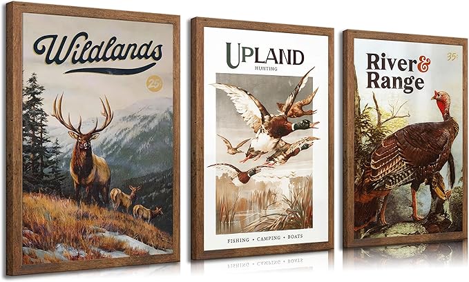 3Pcs Wild Animal Canvas Wall Art Nature Wilderness Deer Wild Duckturkey Posters Prints Hunting Outdoorsy Cabin Wall Decor Pictures Gift for Hunter Dad for Living Room Bedroom Decoration Unframed