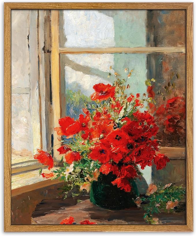 UPWOIGH 12x16 in Framed Wall Art, Red Poppies by the Window Oil Painting Canvas, Vintage Farmhouse Rustic Decor, Red Flowers Print, Antique Wall Decor for Living Room Bedroom, 1 Pack Gift
