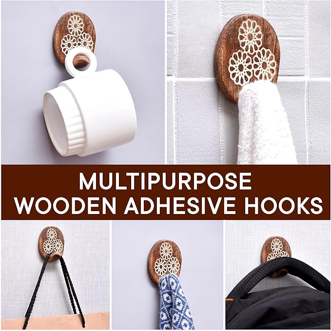 IndianShelf 6 Lb- 24 Pieces Decorative Wood Adhesive Wall Hooks–Boho Peel and