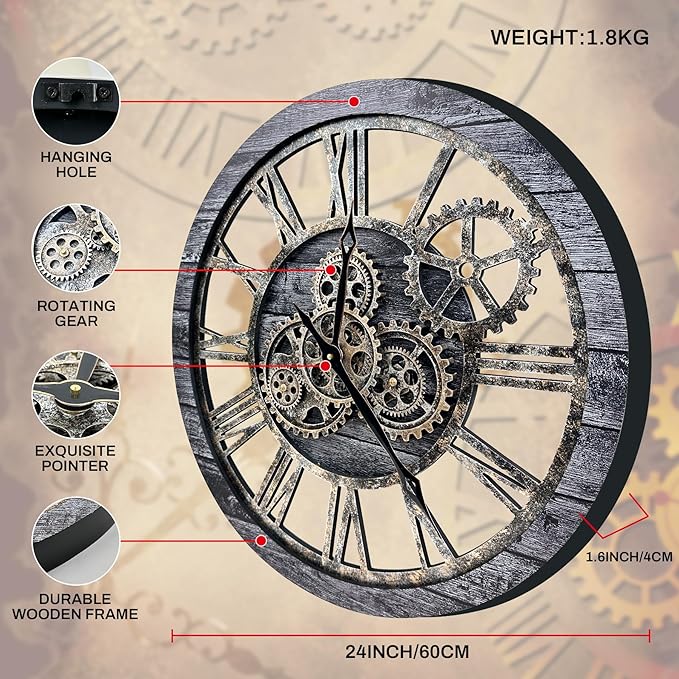 The B-Style Large Wall Clock 24 inch Moving Gear Wall Clock Oversized Vintage