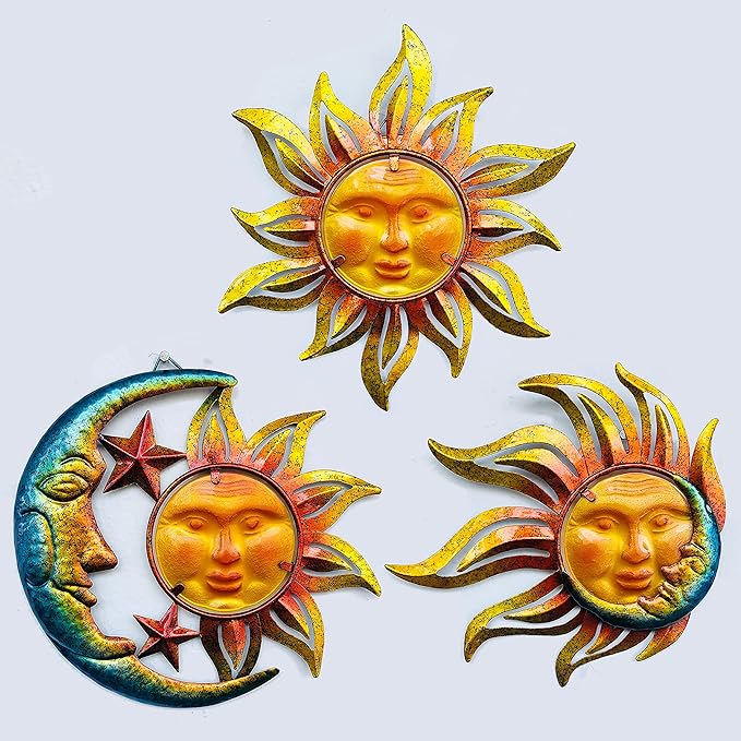 Home Wall Decor Living Room of Glass Sunface, Home Decor Wall Hanging Decor Metal Wall Art, Wall Decorations Boho Wall Decor, Garden Decor Farmhouse Decor Outdoor Decor for Patio, 3 Sets 9 inch Large