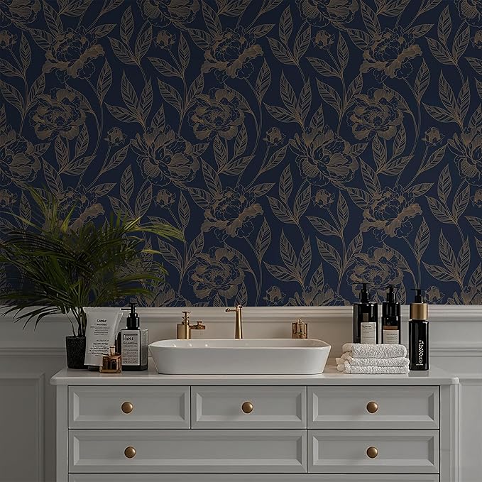 Timeet Peel and Stick Wallpaper Gold and Blue Floral Wall Paper