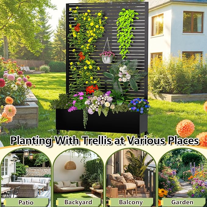 MTART Metal Planter Box with Trellis, 72.1"x47.2"x16" Outdoor Galvanized Raised