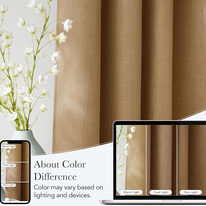 NICETOWN Caramel Faux Linen Room Darkening Rod Pocket Curtains 63 inch Length