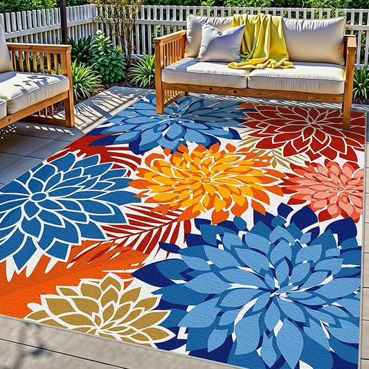 Colorful 9x12 Outdoor Area Rug Washable Multicolored Patio Rug Tropical Botanical Floral Chenille Waterproof Outdoor Carpet Non-Slip for Deck, Backyard, Porch, Vivid Dahlia