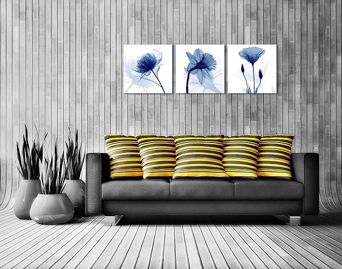 Wieco Art Blue Abstract Flowers 3 Panels Canvas Prints Wall Art Modern Pictures