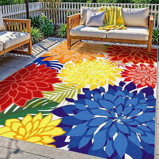 Colorful 3x5 Washable Rug for Living Room Tropical Botanical Modern Floral Chenille Area Rugs Low Pile Non Slip Carpet for Patio, Bedroom, Laundry, Rainbow