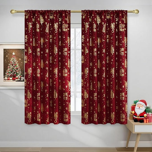 NICETOWN 2 Panels Red Christmas Curtains W42 x L63 in, Rod Pocket Gold Stamping