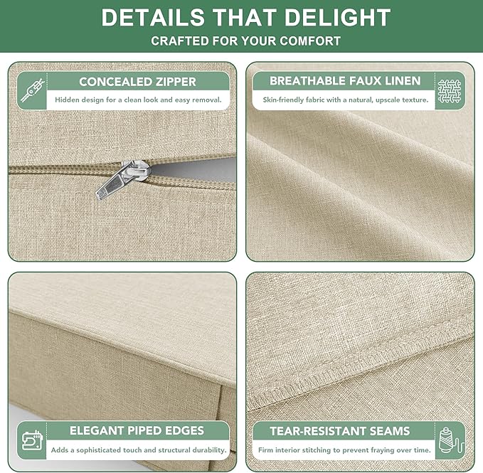 Summsun Patio Chair Cushions 24 x 24 Inch, Faux Linen Outdoor Furniture Cushions, Water Resistant Backrest and Deep Seat Cushion Set with Ties, Removable Cover, Non-Slip Bottom, Beige