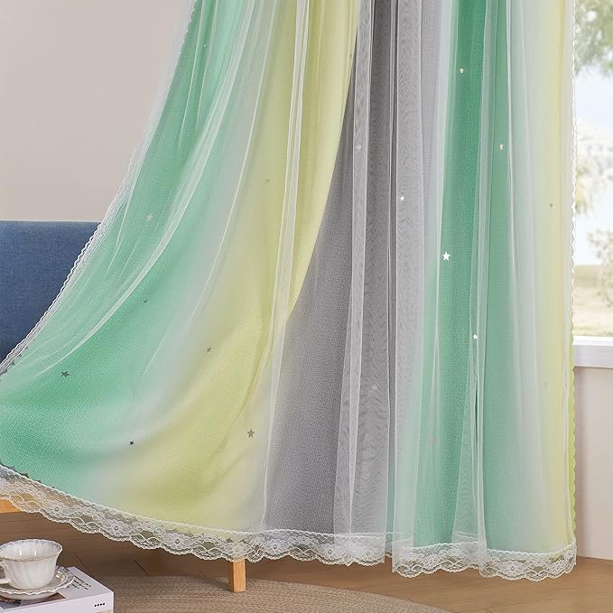 XiDi Curtains for Bedroom Decor, Rainbow GreenYellowGrey52/54/1