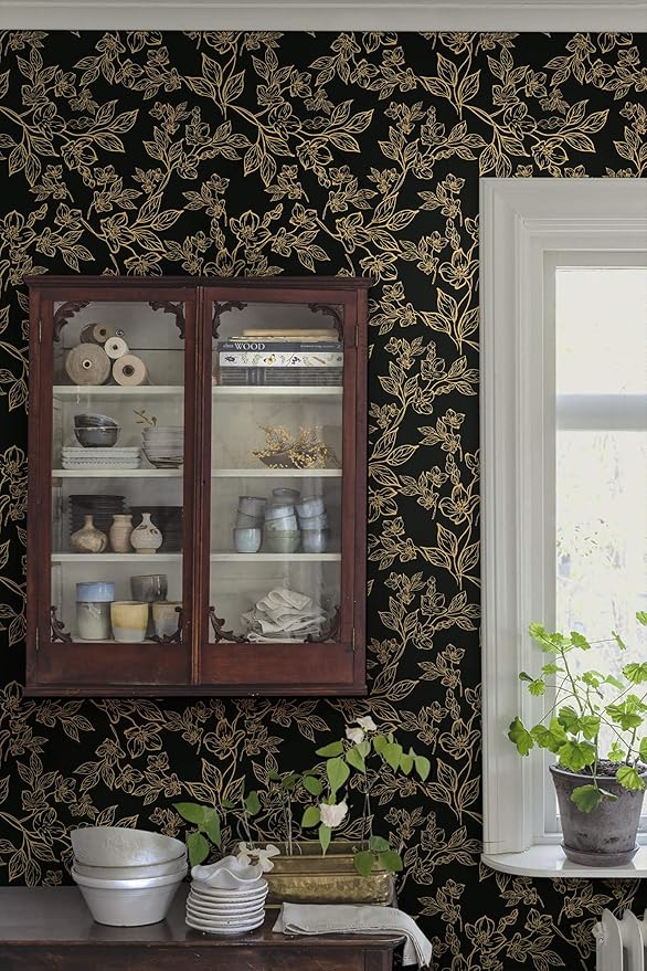 Ismoon Floral Peel and Stick Wallpaper Vintage Black and Gold Contact Paper