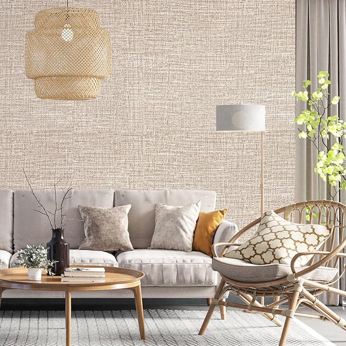 Khaki Grasscloth Peel and Stick Wallpaper 17.3"x1200" Faux Linen Textured