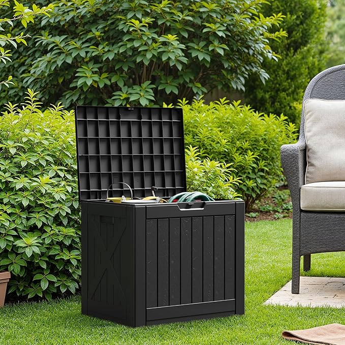 Flamaker Resin Deck Box 40 Gallon Waterproof Outdoor Indoor Storage Box Imitation Wood Resin for Patio Furniture Garden Tools and Pool (Black)