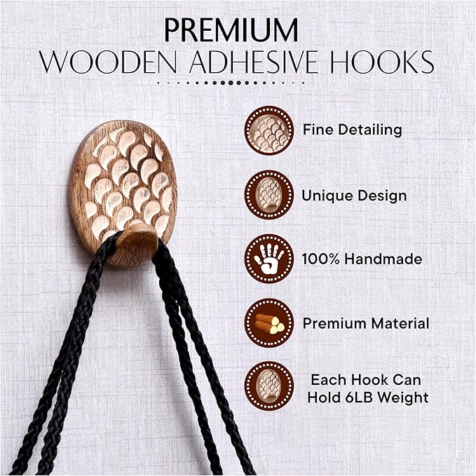 IndianShelf 6 Lb- 24 Pieces Decorative Wood Adhesive Wall Hooks–Boho Peel and