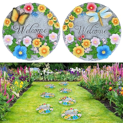 2 Pack Garden Stepping Stones Outdoor 10 Inch Round Cement Stepping Stones with Hand-Painted Flowers, Butterfly & Dragonfly, Decorative Pavers for Outside Walkway Patio Yard