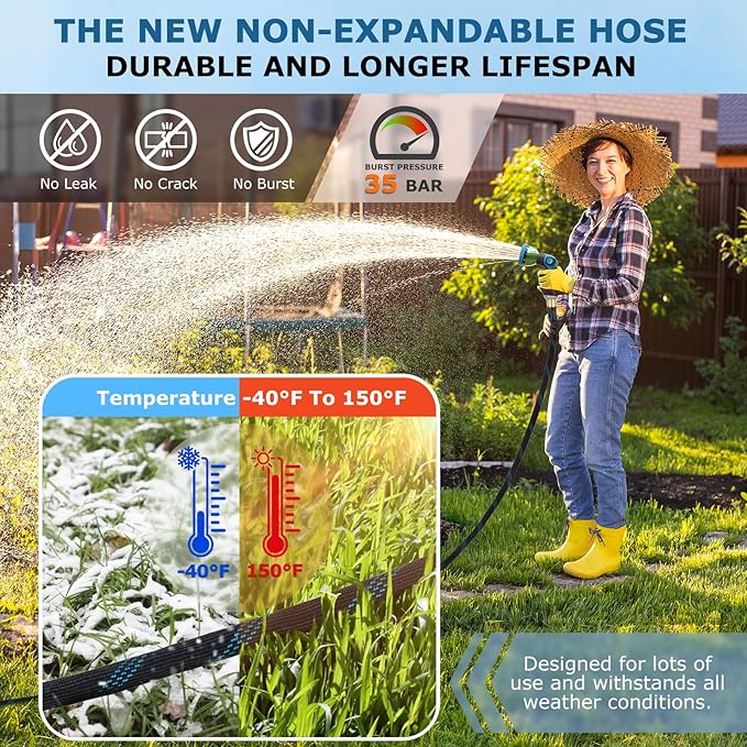 Non-Expanding Garden Hose 100 ft, Kink Free Flexible Water Hose with 10-Pattern Spray Nozzle, Lightweight Hose Pipe, Leak Proof, 3/4" Swivel Connectors, Super Fabric, Portable Storage Strap