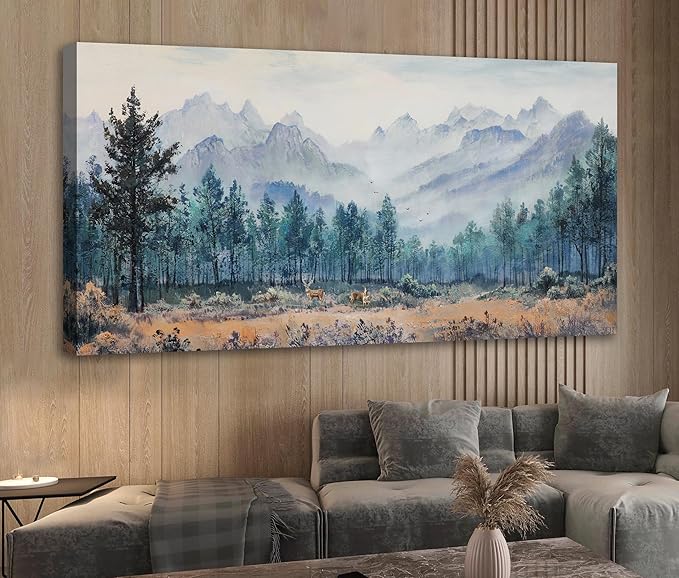 Anolyfi Foggy Forest Mountain Canvas Wall Art, Nature Tree Landscape Painting
