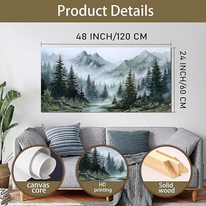 Tarfupth Large Misty Forest Wall Art for Living Room Green Nature Mountain Landscape Canvas Artwork with Trees and River Nature Art for Bedroom Office Home Decor 24x48 Inch