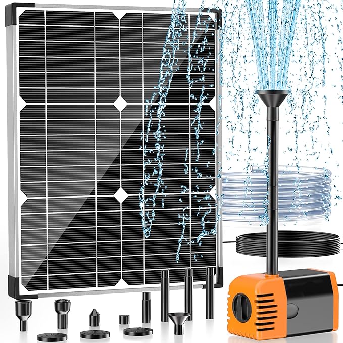 POPOSOAP 20W Solar Water Pump, Solar Powered Water Pump Outdoor with 320GPH Solar Pump, 7 Sprayers, 16.4ft Cable, 6.6ft Tubing for Outdoor Pond, Fish Tank and Garden Water Features