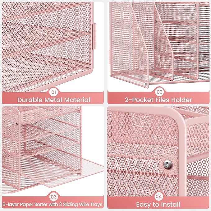 Lavatino 5-Tier Desk Organizer with 2 File Holders, Metal Adjustable Paper Letter Tray for Office or Home Desk Organizers and Accessories | 7 Flexible Dividers Keep Workspace Supplies Neat, Pink