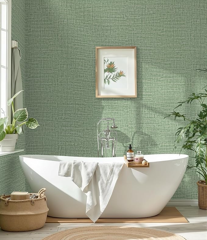 Guvana Grasscloth Peel and Stick Wallpaper Green Textured Contact Paper Modern