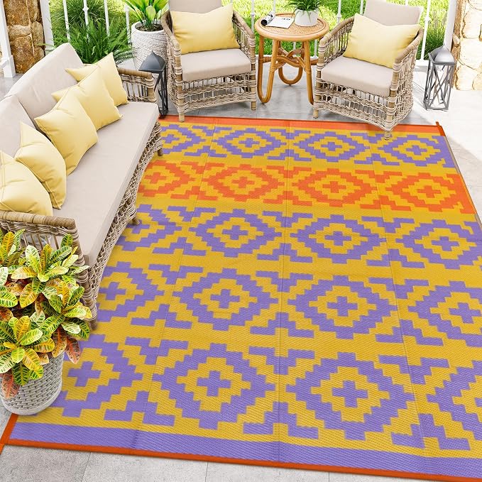 Anidaroel Camping Rug for Outside RV, 8x10 Waterproof Outdoor Rug for Patio Clearance, Reversible Plastic Straw Outside Area Rug for Deck, Camper, Backyard, Picnic(Purple&Orange,8âx10')