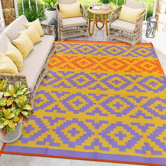 Anidaroel Camping Rug for Outside RV, 8x10 Waterproof Outdoor Rug for Patio Clearance, Reversible Plastic Straw Outside Area Rug for Deck, Camper, Backyard, Picnic(Purple&Orange,8âx10')