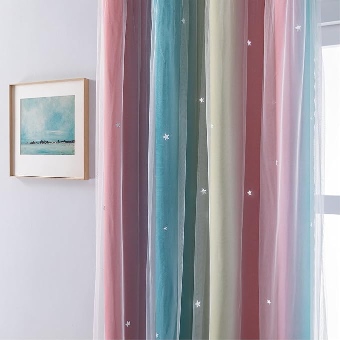 XiDi Curtains for Bedroom Decor, Rainbow Pink-Blue-34-96