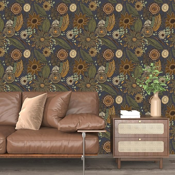 Boho Wallpaper Peel and Stick, Vintage Blue Yellow Floral Contact Paper