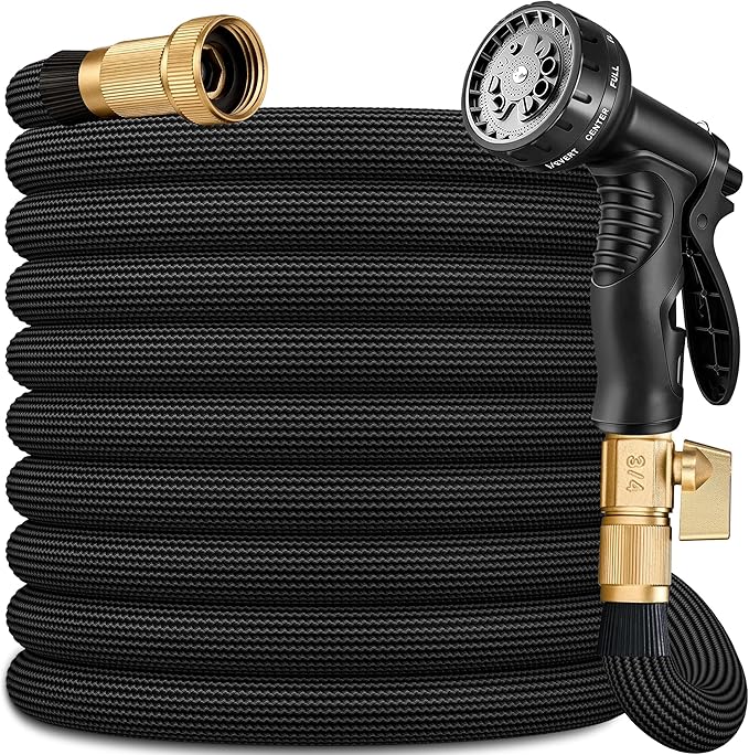 Flexible Garden Hose 100 FT, Ultra Lightweight Water Hoses 100FT w/10 Function Sprayer and 3/4" Brass Fittings, Kink-Free, Sturdy, Abrasion Resistant for Yard, Lawn, Outdoor and Gardening(Black)