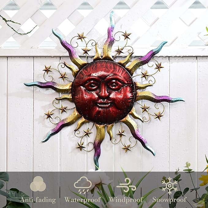 TERESA'S COLLECTIONS Outdoor Sun Metal Wall Art for Outdoor Decor,32" Red Sun Face 3D Wall Decor for Garden Decor,Rustic Retro Hanging Sculpture for Outside indoor Home Patio Farmhouse Gifts for Mom