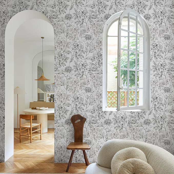 JiffDiff Peel and Stick Wallpaper Black and White Floral Wall Paper 17.3" x