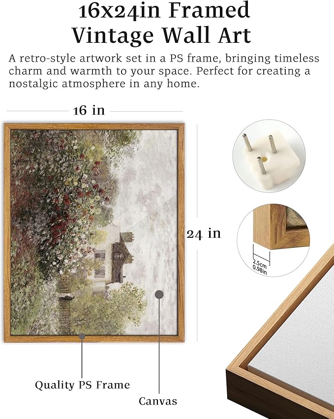 UPWOIGH 16x24 in Large Framed Wall Art, Claude Monet The Artist's Garden Oil Painting Canvas, Vintage Impressionist Rose Garden Landscape, Rustic Cottage Farmhouse Decor for Living Room Bedroom, 1Pack
