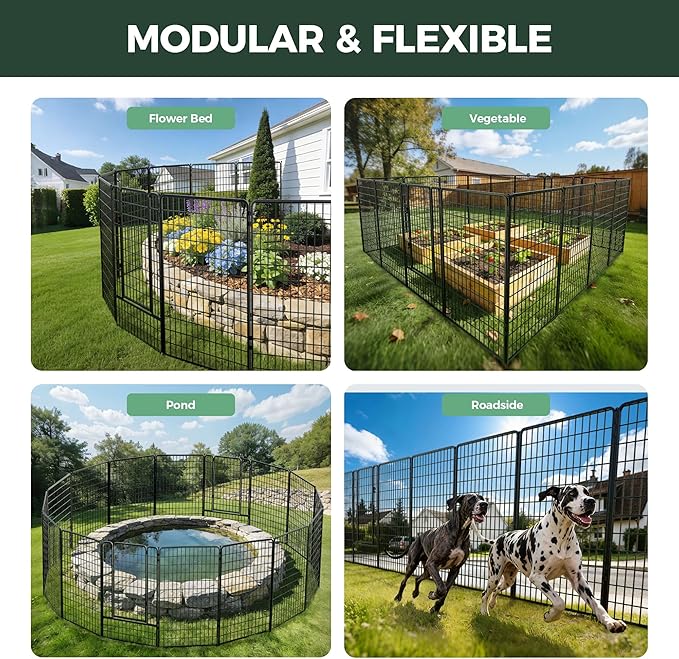 FXW Garden Fence Outdoor for the Yard – 50in(H) x 62.6ft(L) Heavy Duty Metal Animal Barrier for Dog, No Dig Decorative Dog Fence, 24 Panels, Black