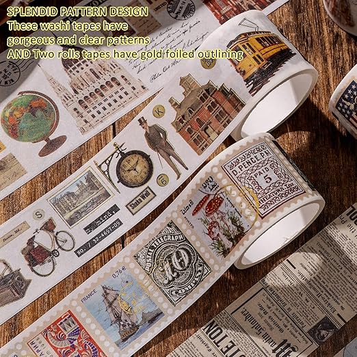 24 Rolls Vintage Washi Tape Set, Antique Car Buildings Map Stamp Stripe Writable Aesthetic Washy Decorative Tapes for Scrapbooking, Junk Journal Supplies, Bullet Journaling 5-75mm Wide (3m Long)/Roll