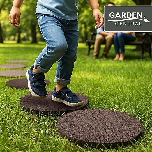 Tierra Verde 4-Pack 18”x18” Fake Cracked Log Rubber Stepping Stones, Round, Brown – Reversible Non-Slip Outdoor Faux Decorative Set for Landscaping – DIY Decor for Walkways & Yard Pathways