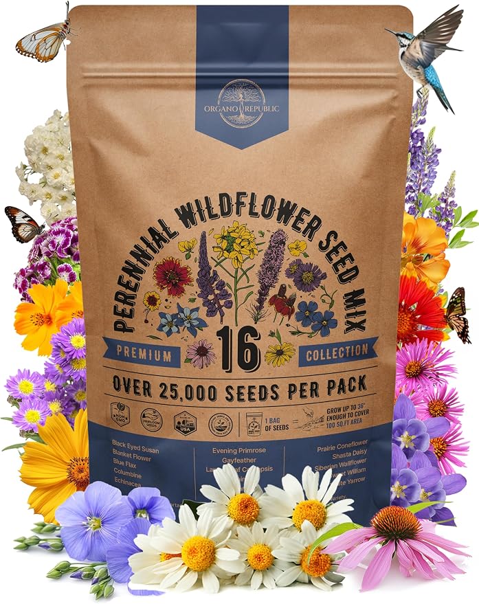 Organo Republic 16 Perennial Wildflower Seeds Mix for Indoor & Outdoors 25,000+ Non-GMO, Heirloom Wildflower Garden Seeds, 1oz Packet for Growing Wild Flowers to Attract Bees, Butterflies & Birds