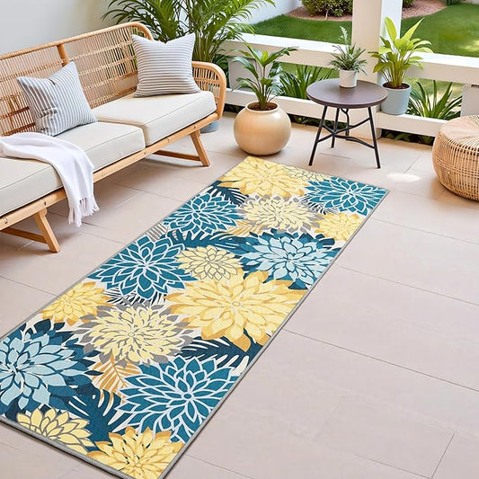 Colorful 2x6 Washable Runner Rug for Hallway Tropical Botanical Modern Floral Chenille Kitchen Rugs Low Pile Non Slip Carpet for Patio, Bedroom, Laundry, Ocean Dahlia