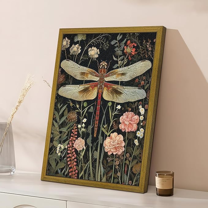 Framed Hand Drawn Sandstone Dragonfly Wall Art, Vintage 3D Textured Nature