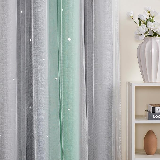 XiDi Curtains for Bedroom Decor, Rainbow Green LightgreyGrey52/45/1